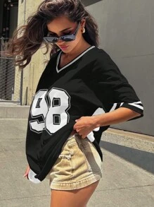Denimoi Camiseta de fútbol holgada de bloques de color con estampado numérico, informal, de verano