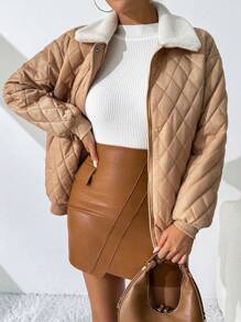 SHEIN Essnce 冬季女装菱格绗缝领长袖棉服大衣拼接毛领THE WELLS TAUPE JACKET秋冬 - 卡其色 - 查看 3