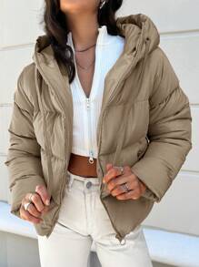 EURMUSE Zip Up Hooded Puffer Coat - Beige - View 1