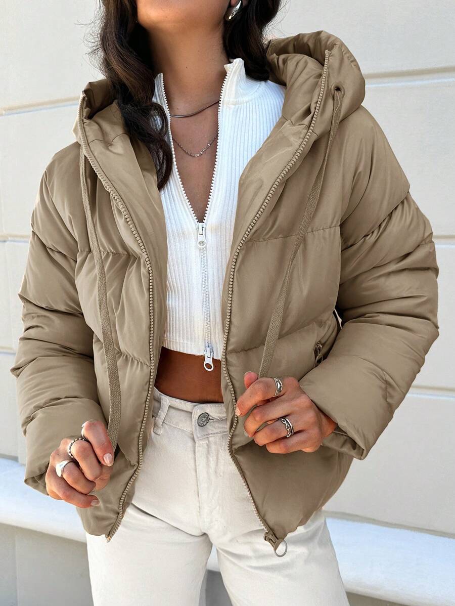 EURMUSE Zip Up Hooded Puffer Coat - Beige - View 1