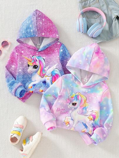 2pcs/Set Young Girl Casual Cute Colorful Unicorn Digital Print Hooded Sweatshirt For Everyday Wear, Twinning Outfits For Siblings, Autumn