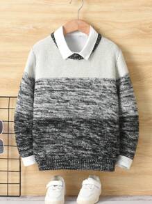 Tween Boys Casual Colorblock Knit Sweater, Autumn Winter - Grey - View 1
