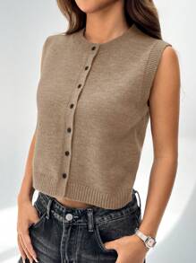 SHEIN EZwear Áo thun không tay cài nút phía trước đơn giản, mặc thường ngày - Cà phê nâu - Xem 5