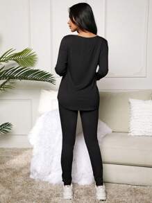 SHEIN 哺乳孕妇休闲纯色长袖上衣和裤子套装，春/秋 - 黑色 - 查看 2