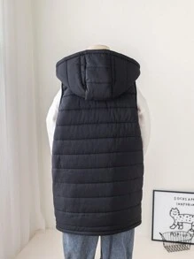 SHEIN 1pc Boys Casual Cute Daily Comfortable Versatile Warm Black Long Hooded Padded Coat, Suitable For Outings, School, Gatherings, Autumn & Winter - Multicolor - View 8