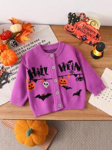 Áo len cardigan họa tiết bí ngô và dơi dễ thương cho bé gái Halloween - Màu Hoa hồng đỏ - Xem 1