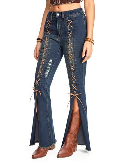 Hippie Pantalon évasé fendu à bord effiloché et à cordon de serrage en velours de cerf style bohème pour femmes