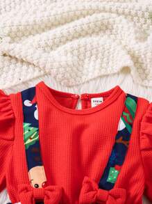 Toddler Girls' Cute & Artsy Christmas Themed Reindeer, Santa Claus, Christmas Tree Print Long Sleeve Ruffle Trim Waffle Knit Party Dress, Autumn - Multicolor - View 5