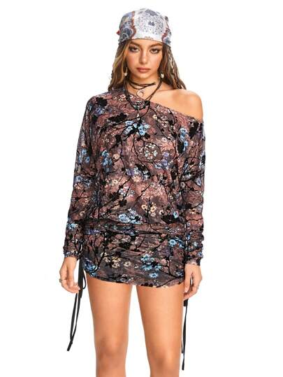Grunge Punk Vintage One Shoulder Flocked Floral Print Long Sleeve Drawstring Waist Bodycon Mini Dress For Women