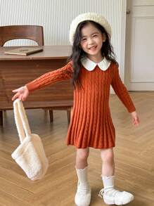 SHEIN Young Girl  Cute & Comfortable  Long Sleeve Contrast Peter Pan Collar Knit A-Line Sweater Dress, Autumn And Winter - Multicolor - View 4