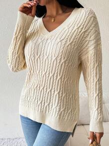 SHEIN LUNE Solid Color V-Neck Casual Knitted Sweater, Spring Autumn, Fall Winter - Apricot - View 6