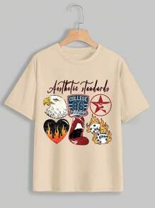 INAWLY Letter & Cartoon Graphic Round Neck Short Sleeve Tee - Apricot - View 4