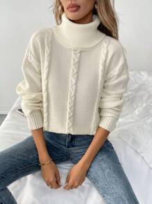 SHEIN LUNE Áo len nữ dáng rộng cổ cao tay dài màu trơn, kiểu dáng thường ngày, thích hợp cho mùa thu/đông, áo len chui đầu mùa thu. - Màu be - Xem 6