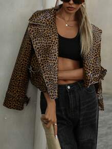 Aveloria Slim Fit Biker Style Random Leopard Print PU Leather Jacket - Black - View 7