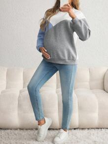 SHEIN Áo nỉ cho con bú chắp vá nhiều màu sắc thường ngày dành cho bà bầu, áo nỉ cho con bú chắp vá - Màu Xám nhạt - Xem 5