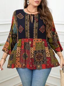 SHEIN Plus Size Casual Vintage Floral Print Shirt Peplum Top - Multicolor - View 6