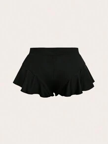 SHEIN LUNE Quần short gợi cảm viền bèo nhún màu trơn cỡ lớn, mùa hè - màu đen - Xem 2