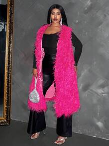 Maweii Plus Size Women's Solid Color Fluffy Coat - Hot Pink - View 3