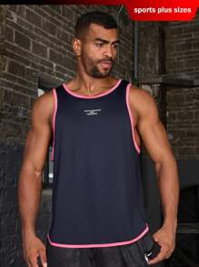 Gym Rark Plus Size Men's Contrast Trim Crew Neck Sleeveless Letter Printed Minimalist Sports Tank Top - Navy Blue - View 1
