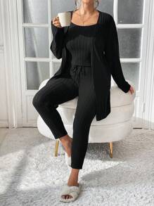 SHEIN Essnce 大码女装秋冬新款时尚休闲商务休闲女装通勤镂空服装感恩节女装套装冬季女装冬季女套装罗纹拉绒面料针织面料黑色长款开衫+吊带背心+打底裤三件套女秋季套装服装套装冬季女装套装女秋季套装 - 黑色 - 查看 9