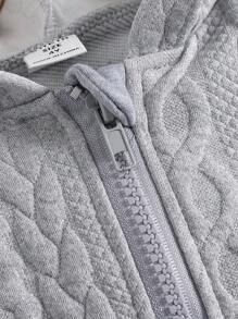 1 pieza Cárdigan de punto gris con capucha y parches casual para niñas pequeñas, adecuado para uso diario y combinación con conjuntos familiares