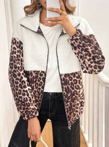 Chiquease Leopard Print Mixed Fluffy Jacket Fall Cloth For Women - Coffee Brown - View 5