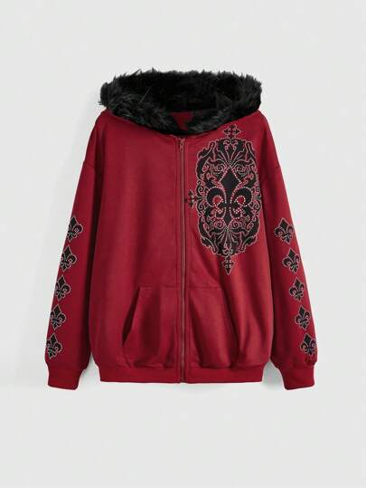 Fairycore Women's Autumn/Winter Floral Print Patchwork Fluffy Zip-Up Hooded Casual Sweatshirt