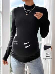 SHEIN Blusa casual de manga larga con cuello de cordón negro para maternidad