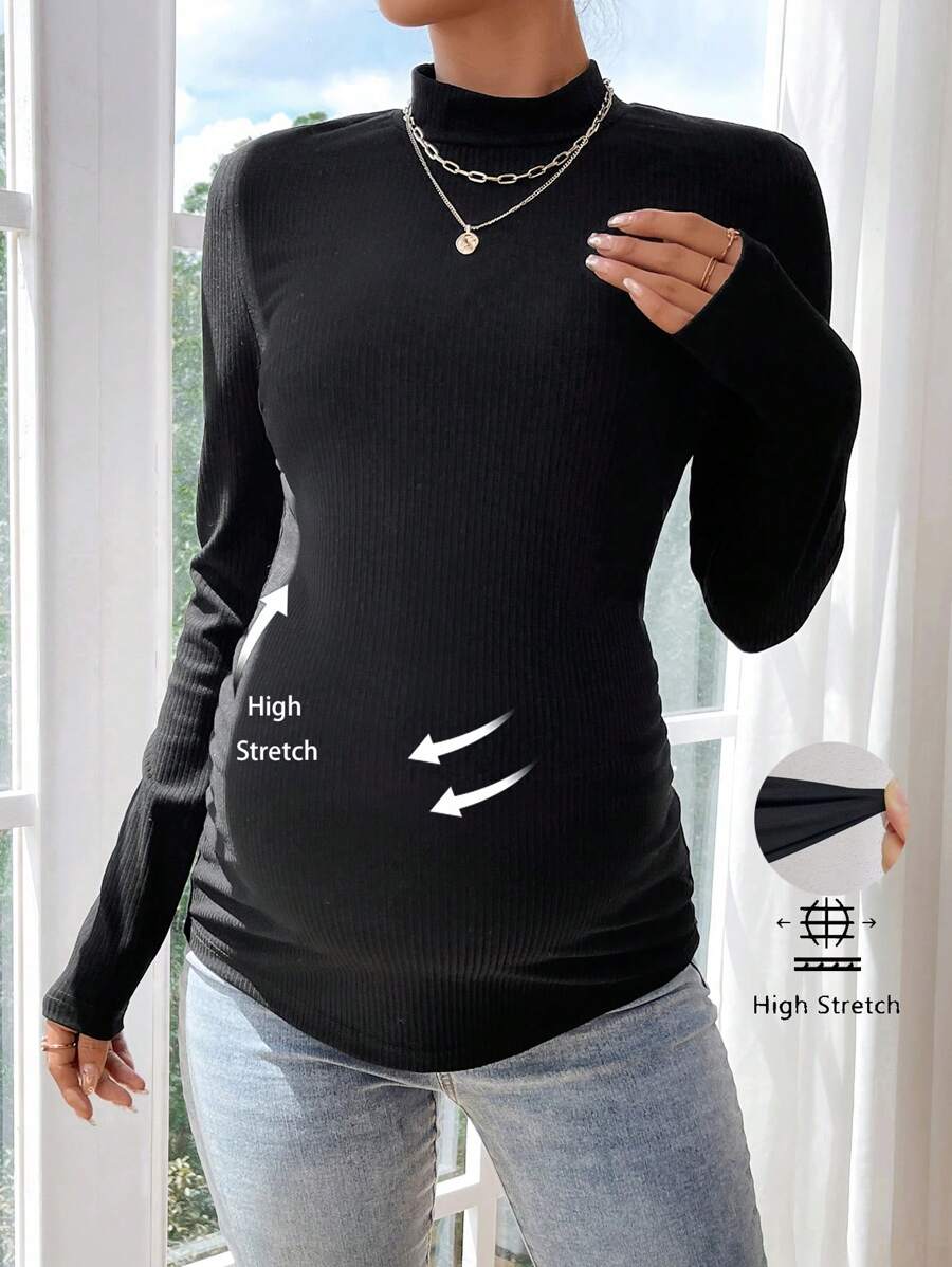 SHEIN Maternity Black Drawstring Collar Long Sleeve Casual Blouse - Black - View 1