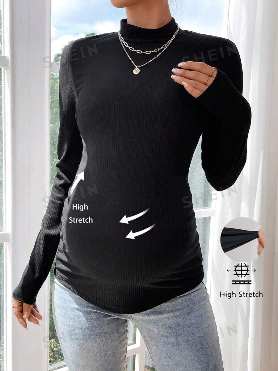 SHEIN Blusa casual de manga larga con cuello de cordón negro para maternidad