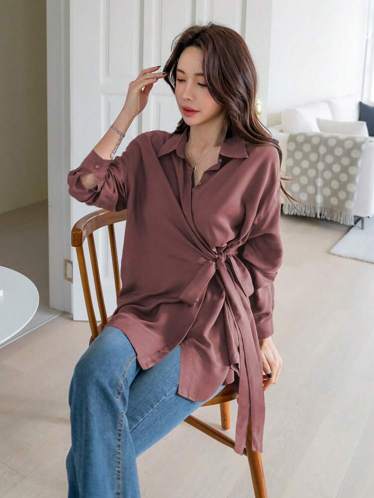 1pc Women's Loose Solid Color Long Sleeve Tie Front Blouse,Fall Clothes