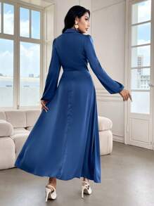 Mulvari Damen Kleid mit Hemdkragen, durchgehender Knopfleiste, Langarm, Lässig-Stil Einfarbig - Taubenblau - Übersicht 2