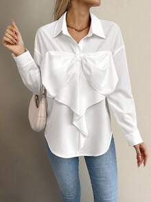 Chiquease 女士纯色衬衫领前纽扣长袖蝴蝶结装饰休闲衬衫