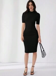 SHEIN Essnce Mock Neck Solid Bodycon Dress,Summer Dresses For Women - Black - View 4