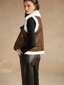 Anewsta Casual Fluffy Trim Vest Jacket, Versatile For Fall/Winter - Brown - View 2