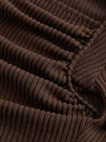 SHEIN MOD Plus Size Coffee Brown Ruched Chest Collar Long Sleeve T-Shirt For Women - Coffee Brown - View 3