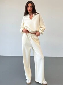 Aloruh Bộ 2 áo nỉ lót nhiệt ấm áp và quần ống đứng có dây rút, thu đông - trắng - Xem 4