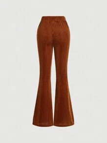 SHEIN MOD 女士棕色不对称腰部喇叭裤、秋季裤、复古裤、外出裤、天鹅绒运动服、棕色紧身裤、长款秋季连衣裙 - 棕色 - 查看 2