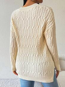SHEIN LUNE Solid Color V-Neck Casual Knitted Sweater, Spring Autumn, Fall Winter - Apricot - View 2