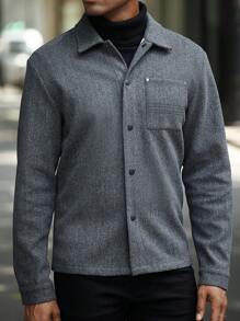 Manfinity Homme 男士深灰色纽扣夹克，男士高品质换季时尚单品：时尚灰色衬衫式夹克，外出上衣，冬季外套 - 深灰色 - 查看 5