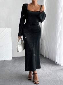 Chiquease Set de 2 piezas: Vestido de tirantes negro sexy y elegante versátil para fiestas y uso casual + Chaqueta - Negro - Ver 3
