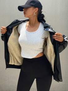 DAZY 女士宽松长袖 PU 领拼布丝带夹克，秋季女装 - 黑色 - 查看 7