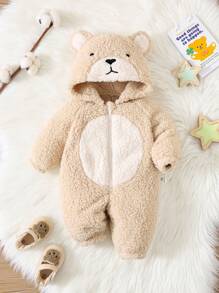 SHEIN 新生男婴可爱熊图案连帽拉链连身衣，保暖羊毛连体衣 - 杏色 - 查看 1