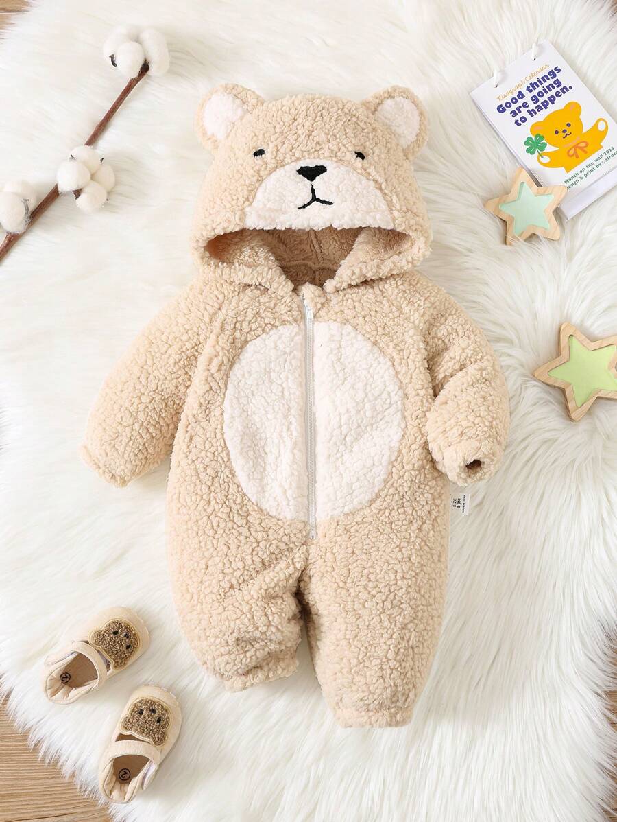 SHEIN 新生男婴可爱熊图案连帽拉链连身衣，保暖羊毛连体衣 - 杏色 - 查看 1