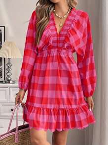 Chiquease Shirred Gathered Puff Sleeve Ruffle Trim Plaid Print Short Sleeve Mini Dress - Pink - View 4