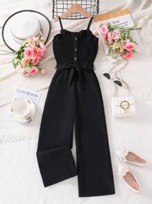 Black Snug Fit Jumpsuit With Ruffle Top, Waist Tie Bow Belt, Mid-Waist Design