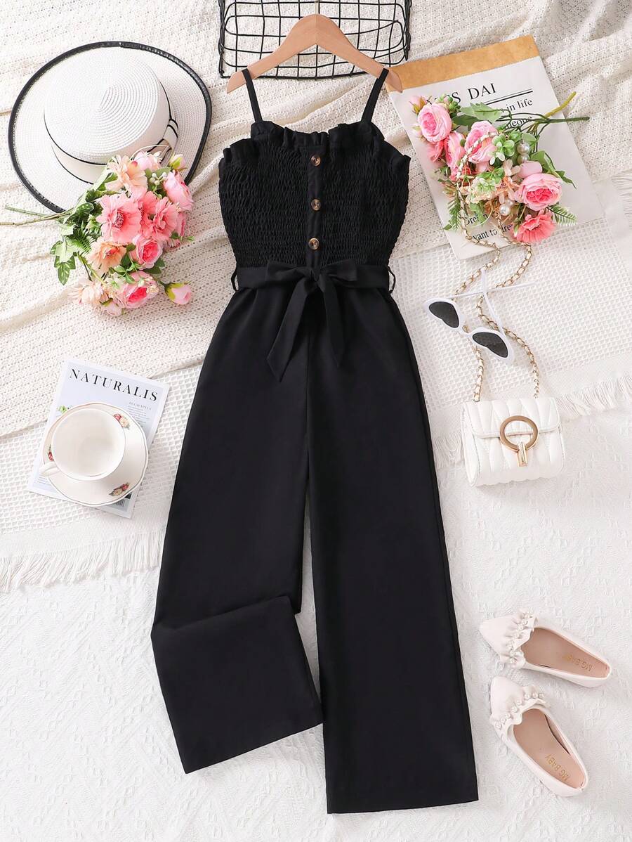 Black Snug Fit Jumpsuit With Ruffle Top, Waist Tie Bow Belt, Mid-Waist Design