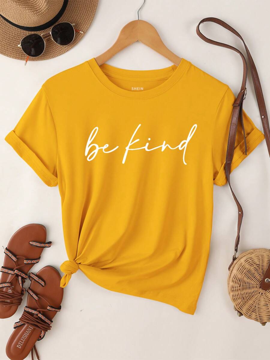 Chiquease 女士圆领休闲宽松字母印花 T 恤，夏季图案 T 恤女式上衣 - 黃色 - 查看 1