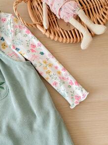 SHEIN LMoss Kids LMoss Baby Girl Baby Girl Dễ Thương Mùa Thu Vải Nhung Thêu Hoa Dây Đeo Và Bộ Áo Dài Tay Họa Tiết Hoa Ditsy - màu nâu - Xem 3