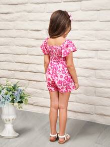 SHEIN Young Girl Cute Casual Round Neck Ruffle Sleeve Ruched Flower Pattern Jumpsuit - Hot Pink - View 6